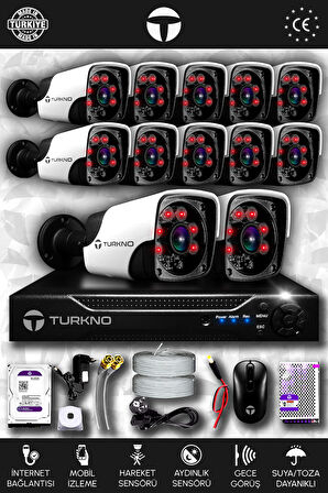 TURKNO 12 Kameralı Pania 12 Dış Kamera Set 100 GB HDD Full HD Gece Görüşlü Güvenlik Kamerası Sistemi