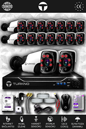 TURKNO 16 Kameralı Pania 16 Dış Kamera Set 100 GB HDD Full HD Gece Görüşlü Güvenlik Kamerası Sistemi
