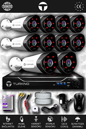 TURKNO 10 Kameralı Galia 10 Dış Kamera Set HDD'siz Full HD Gece Görüşlü Güvenlik Kamerası Sistemi