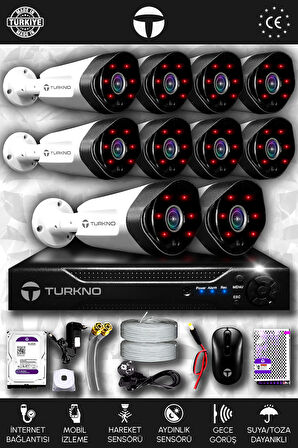 TURKNO 10 Kameralı Galia 10 Dış Kamera Set 250 GB HDD Full HD Gece Görüşlü Güvenlik Kamerası Sistemi