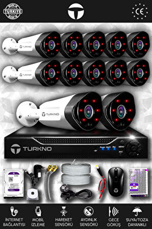 TURKNO 12 Kameralı Galia 12 Dış Kamera Set 100 GB HDD Full HD Gece Görüşlü Güvenlik Kamerası Sistemi