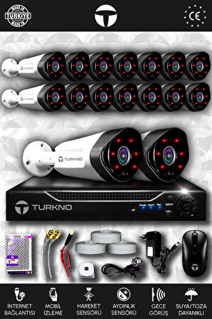 TURKNO 16 Kameralı Galia 16 Dış Kamera Set HDD'siz Full HD Gece Görüşlü Güvenlik Kamerası Sistemi