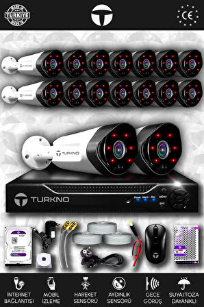 TURKNO 16 Kameralı Galia 16 Dış Kamera Set 100 GB HDD Full HD Gece Görüşlü Güvenlik Kamerası Sistemi