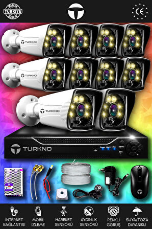 TURKNO 10 Kameralı Karie 10 Dış Kamera Set HDD'siz Full HD Renkli Gece Görüşlü Güvenlik Kamerası Sistemi