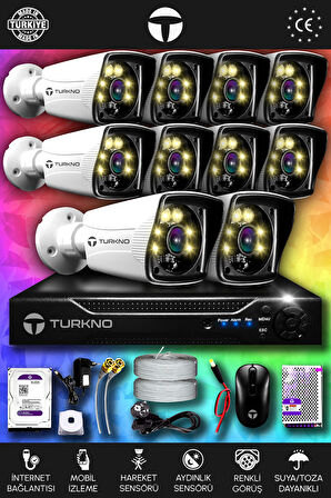 TURKNO 10 Kameralı Karie 10 Dış Kamera Set 100 GB HDD Full HD Renkli Gece Görüşlü Güvenlik Kamerası Sistemi