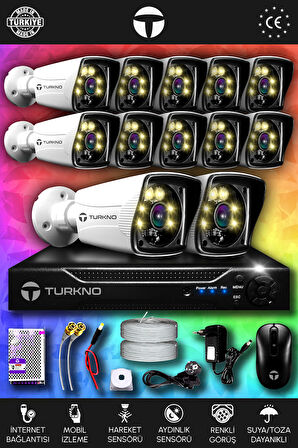 TURKNO 12 Kameralı Karie 12 Dış Kamera Set HDD'siz Full HD Renkli Gece Görüşlü Güvenlik Kamerası Sistemi