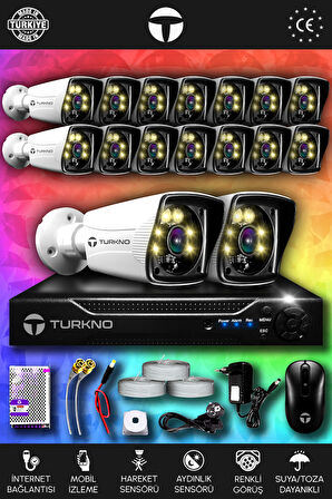 TURKNO 16 Kameralı Karie 16 Dış Kamera Set HDD'siz Full HD Renkli Gece Görüşlü Güvenlik Kamerası Sistemi
