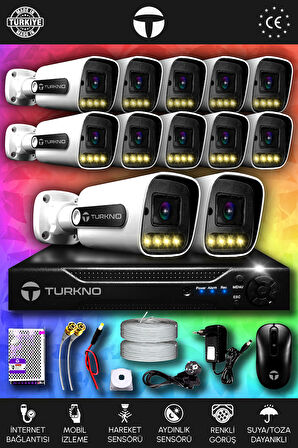TURKNO 12 Kameralı Navie 12 Dış Kamera Set HDD'siz Full HD Renkli Gece Görüşlü Güvenlik Kamerası Sistemi