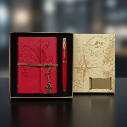 Not Alma Günlük Defteri Ofis Gereci Pusula Motif Kutulu Kırmızı Defter Ve Kalem Seti