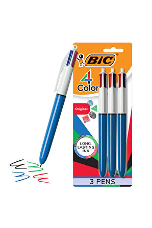 4 Renk Tükenmez Kalem 1.0mm Uç, Tek Kalemde Mavi, Kırmızı, Yeşil ve Siyah Renkler (3 Adet)