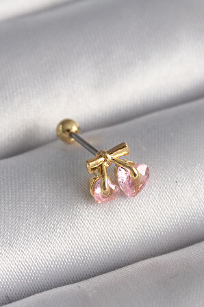 316L Çelik Renk Pembe Zirkon Taşlı Kalp Tragus Piercing - TJ-PR1234