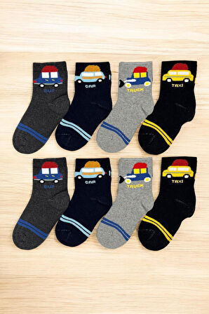8 Çift Burun Dikişsiz Araba Desenli Kışlık Kalın Havlu Erkek Çocuk Soket Çorap