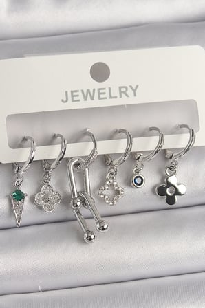 Pirinç Gümüş Renk Zirkon Taşlı Çoklu Figür Kadın Küpe Seti TJ-BKP10095