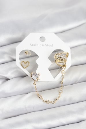 Pirinç Gold Renk Kalp Model Zincir Bağlantılı Ear Cuff Küpe Seti TJ-BKP11541