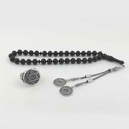 Mührü Süleyman Gümüş Yüzük ve Kehribar Tesbih Kombini 