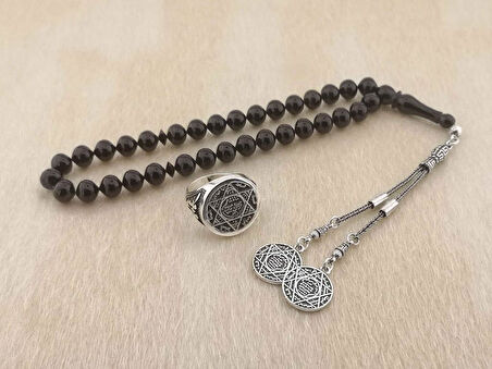 Mührü Süleyman Gümüş Yüzük ve Kehribar Tesbih Kombini 