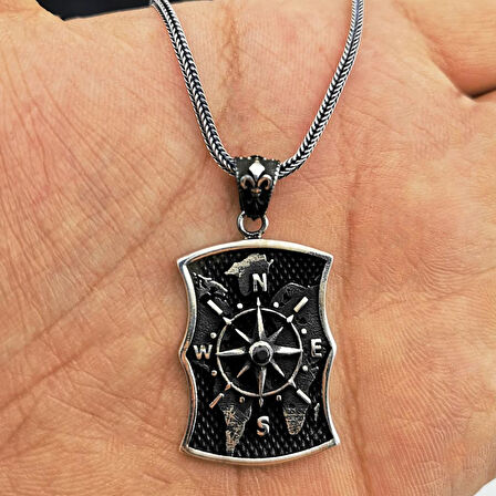 Özel Pusula Tasarımlı Atlas Zemin Detaylı Kalın Zincirli 925 Ayar Gümüş Kolye BÜYÜK BOY