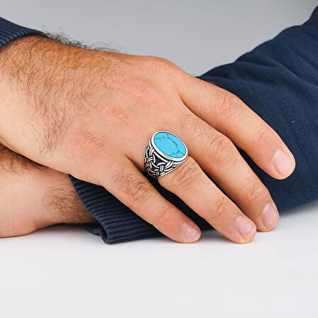 Mavi Turkuaz Taşlı Örgü Desenli 925 Ayar Gümüş Erkek Yüzük