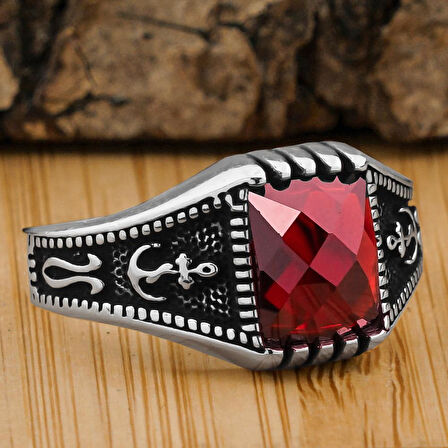 Kırmızı Zirkon Taşlı Denizci Çapa Tasarımlı 925 Ayar Gümüş Yüzük