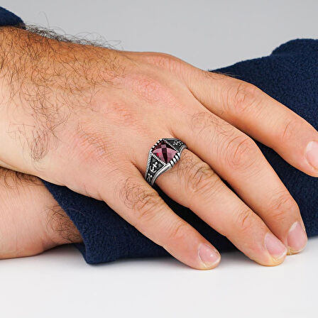 Kırmızı Zirkon Taşlı Denizci Çapa Tasarımlı 925 Ayar Gümüş Yüzük