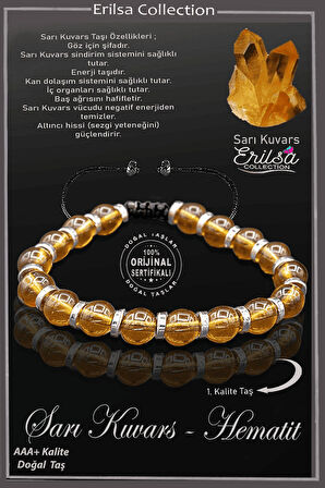 Sertifikalı Hematit - Sarı Limon Kuvars Taşı Bileklik - Ayarlamalı