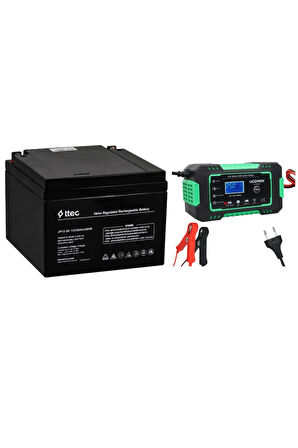 12V 26AH KURŞUN ASİT AKÜ VE 6 AMPER UCOMEN ŞARJ ALETİ