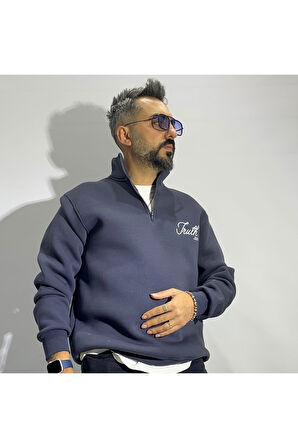 Nakış Detaylı Yarım Fermuar Oversize Erkek Sweatshirt