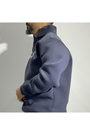 Nakış Detaylı Yarım Fermuar Oversize Erkek Sweatshirt