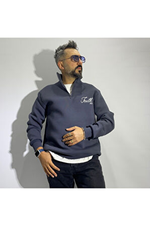 Nakış Detaylı Yarım Fermuar Oversize Erkek Sweatshirt