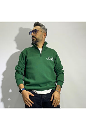 Nakış Detaylı Yarım Fermuar Oversize Erkek Sweatshirt