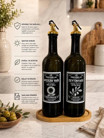 Ahşap Stantlı Amber 2’li Cam 750Ml Zeytinyağı Sıvıyağ Ayçiçek Yağı Şişesi Yağdalık Yağdanlık