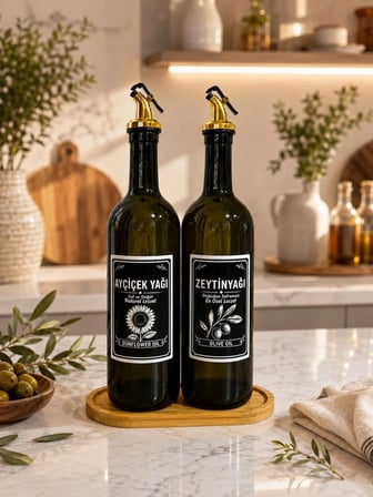 Ahşap Stantlı Amber 2’li Cam 750Ml Zeytinyağı Sıvıyağ Ayçiçek Yağı Şişesi Yağdalık Yağdanlık