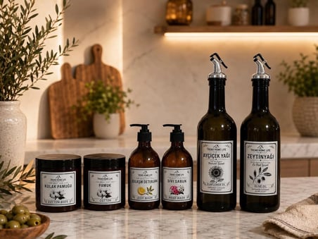 3 lü Set 6 Parça Cam 2li 750ml Yağdanlık Cam Amber 300ml 2li sıvı Sabunluk 2li Amber Pamukluk Yağlık