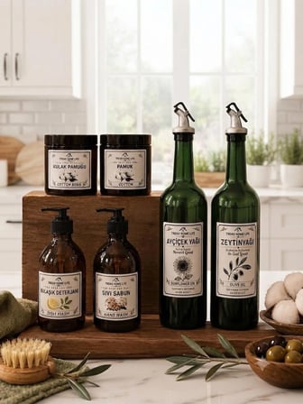 3 lü Set 6 Parça Cam 2li 750ml Yağdanlık Cam Amber 300ml 2li sıvı Sabunluk 2li Amber Pamukluk Yağlık
