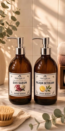 2 li Gümüş Kapaklı Cam Amber 500 ml Sıvı Sabunluk & Sıvı Deterjanlık Cam şişe Ahşap Stantlı