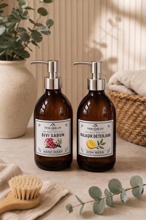 2 li Gümüş Kapaklı Cam Amber 500 ml Sıvı Sabunluk & Sıvı Deterjanlık Cam şişe Ahşap Stantlı