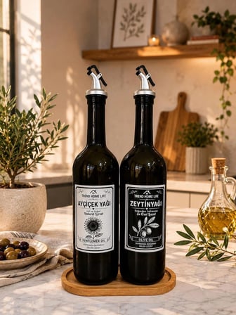 Ahşap Stantlı Amber 2 li Yağdanlık Seti Cam Şişe 750 ml Yağlık Yağdanlık