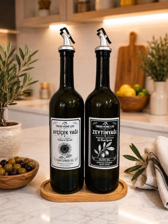 Ahşap Stantlı Amber 2 li Yağdanlık Seti Cam Şişe 750 ml Yağlık Yağdanlık