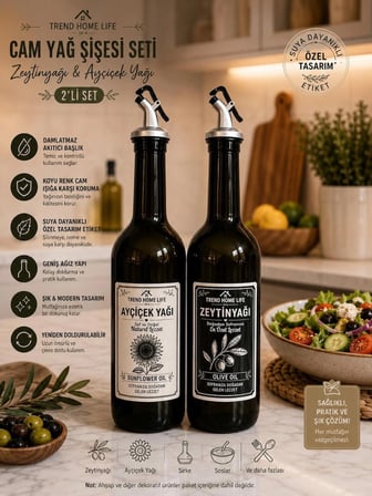 Stantsız Amber 2 li Cam 750 ml Yağdanlık Seti Zeytinyağı Ayçiçekyağı Şişesi Yağlık Yağdanlık
