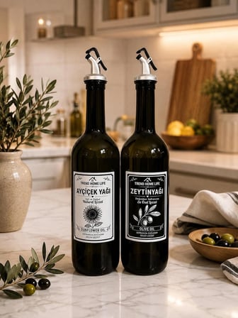 Stantsız Amber 2 li Cam 750 ml Yağdanlık Seti Zeytinyağı Ayçiçekyağı Şişesi Yağlık Yağdanlık