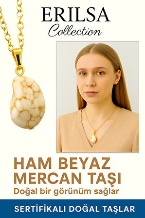 Sertifikalı Altın Renkli Ham Beyaz Mercan Taşı Kolye – Saflık, Huzur ve Spiritüel Koruma