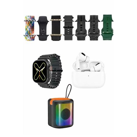 Karler Bass K28 Kombo 7 Adet Kordon Akıllı Saat Airpods Kulaklık Kablosuz Hoparlör Set - Siyah