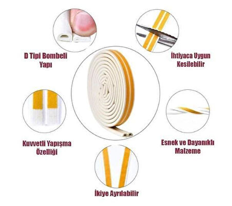 D Fitil Bondit Çift Sarım Kauçuk Kapı ve Pencere İzolasyon Bandı Fitili 5x2 10 Metre Beyaz