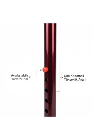 Kademeli Boy Ayarlı Ortopedik Baston - Bordo Metalik Gövde T Sap Model