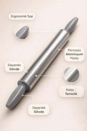 Metal Merdane Alüminyum Hamur Açıcı Merdane Oklava Pizza Hamuru Börek Baklava Kurabiye Açma Merdanesi 45 cm - Ø50mm