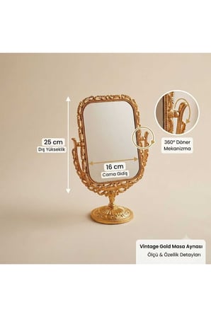 Vintage Gold Masa Aynası Çift Taraflı 360° Döner Makyaj Aynası Dekoratif Altın Çerçeveli Ayna 25 cm