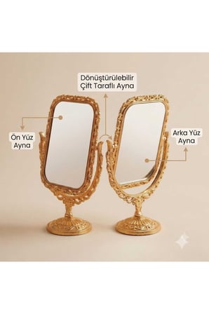 Vintage Gold Masa Aynası Çift Taraflı 360° Döner Makyaj Aynası Dekoratif Altın Çerçeveli Ayna 25 cm