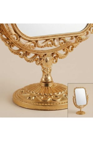 Vintage Gold Masa Aynası Çift Taraflı 360° Döner Makyaj Aynası Dekoratif Altın Çerçeveli Ayna 25 cm