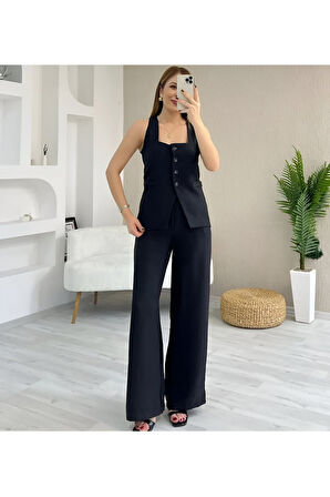 Tıfany Siyah Keten Kumaş Astarlı Yelek Lastikli Yüksek Bel Palazzo Pantolon Takım TIFANY-4342