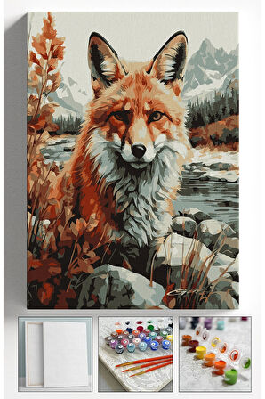 Sayılarla Boyama Çerçeveli Hobi Seti Numaralı Tuval Fırça Boya Dahil Kasnaklı TİLKİ 40X50 Cm